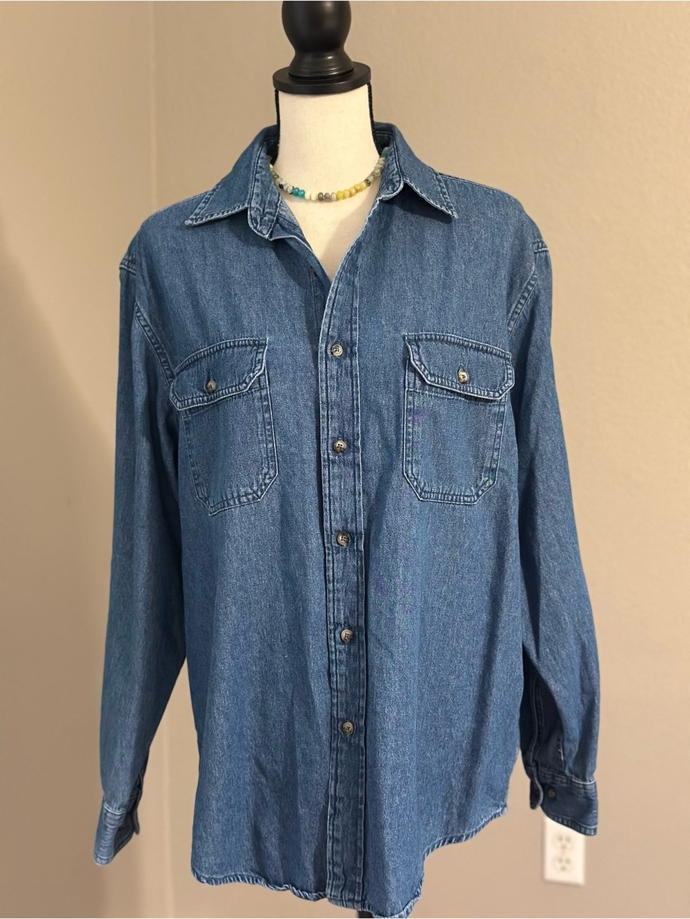 Vintage Wrangler Blue Denim Farm Thrashed Worn Button-Down Cotton Shirt